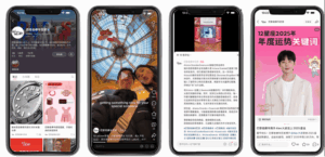 Examples of Galeries Lafayette’s official RedNote (Xiaohongshu) account content, including branded posts, influencer videos, product promotions, and CNY marketing campaigns